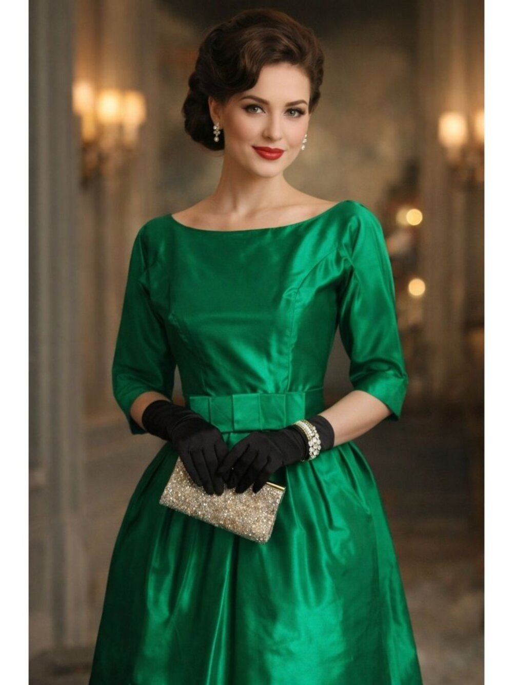 Vtg Lorrie Deb San Francisco Emerald Green Satin Cocktail Dress XS 1950s